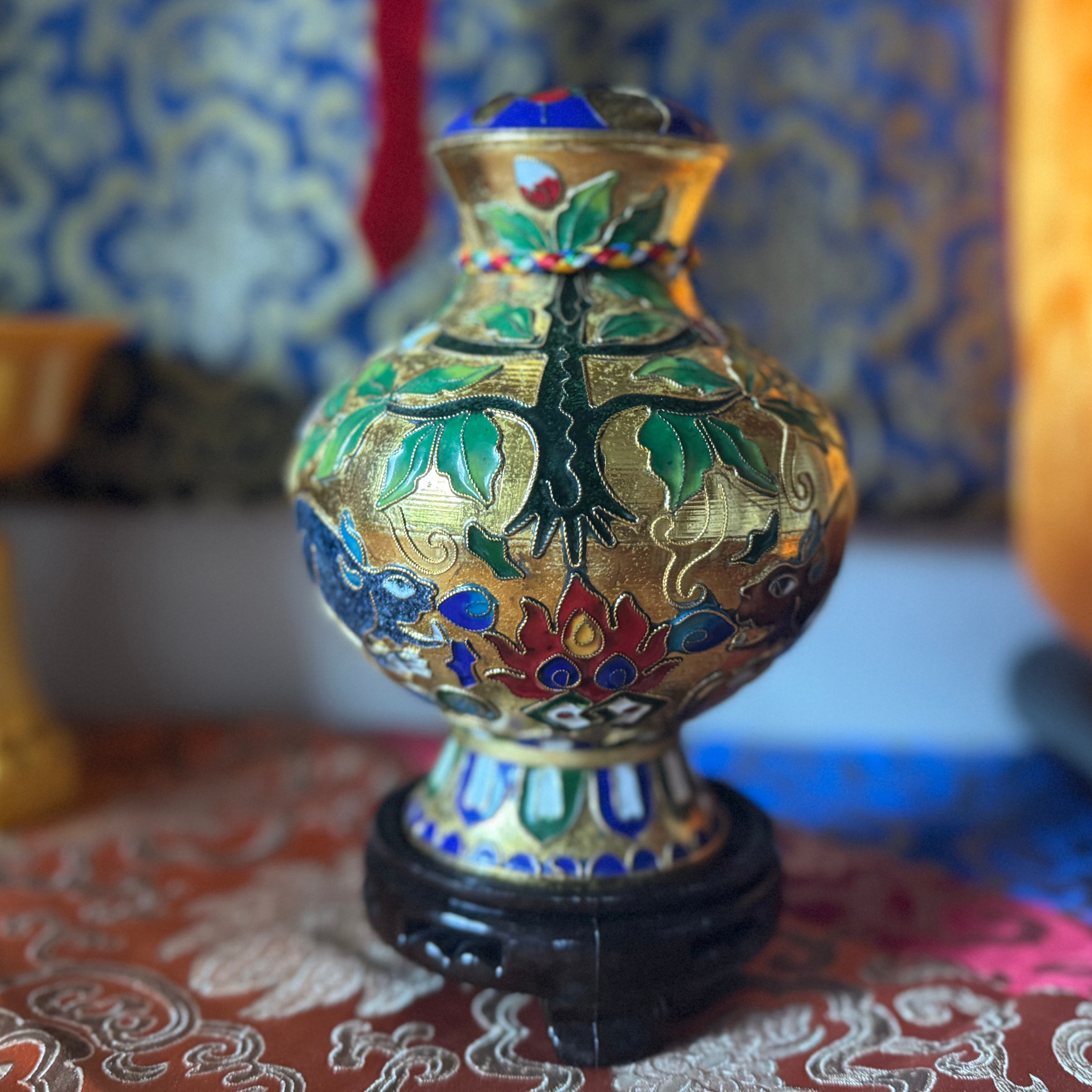 Red Vaisravana & Drolmi Kazug Wealth Vase - Cloisonne Mongoose